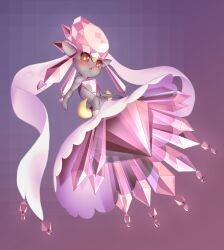 1girl absurdres animal_ears blush breasts breasts_squeezed_together collarbone colored_sclera colored_skin diancie female_focus floating full_body gem gen_6_pokemon gradient_background grey_skin highres hitmanatee legendary_pokemon long_hair looking_at_viewer mega_diancie mega_pokemon mythical_pokemon navel nintendo no_nipples open_mouth pink_eyes pink_gemstone pink_hair pink_ribbon pokemon pokemon_(creature) purple_background raised_eyebrows red_sclera ribbon simple_background small_breasts solo stomach teeth transparent
