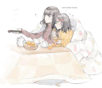 2girls black_hair controller cup eating food fruit jibek_lily kill_la_kill kiryuuin_satsuki korean_text kotatsu long_hair matoi_ryuuko mug multiple_girls orange_(fruit) remote_control short_hair siblings sisters sweater table teapot tv_remote
