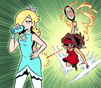 Rule 34 | 2girls, blonde hair, blue dress, brandon santiago, brooch, brown hair, crown, dress, drinking, earrings, eyelashes, hair over one eye, highres, holding, holding tennis racket, jewelry, mario (series), mario tennis, mario tennis fever, multiple girls, nintendo, official alternate costume, pauline (mario), pauline (modern tennis) (mario), racket, red dress, red nails, rosalina, rosalina (sports), sleeveless, sleeveless dress, star (symbol), star brooch, star earrings, tennis racket, visor cap, wavy hair