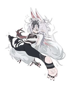 1girl absurdres animal_ears armpit_cutout black_nails clothing_cutout commentary_request feet fox highres loongm original pointy_ears soles split stirrup_legwear toeless_legwear toes white_hair