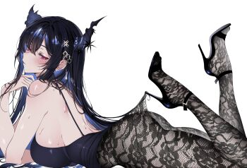 1girl alternate_costume asymmetrical_horns black_hair black_pantyhose black_shoes blue_hair blush breasts colored_inner_hair commentary demon_horns feet_up flower high_heels highres hololive hololive_english hooked_on_heel horn_flower horns lace_pantyhose lace_pantyhose_hooked_on_heel_(meme) large_breasts long_hair looking_at_viewer lying meme mole mole_under_eye multicolored_hair nerissa_ravencroft nyanyaqwi on_stomach pantyhose red_eyes shoes simple_background solo sweat uneven_horns virtual_youtuber white_background