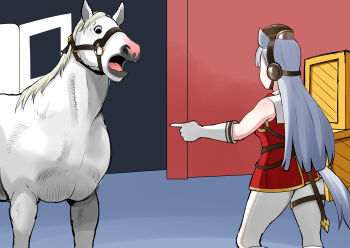 1girl absurdres animal_ears aramori_susumu blunt_ends breasts commentary crate creature_and_personification dress gloves gold_ship_(racehorse) gold_ship_(red_strife)_(umamusume) gold_ship_(umamusume) grey_hair highres horse horse_ears horse_girl horse_tail long_hair meme open_mouth pantyhose personification pillbox_hat pointing pointing_at_another pointing_spider-man_(meme) red_dress sleeveless sleeveless_dress straight_hair tail thick_thighs thigh_strap thighs umamusume very_long_hair white_gloves white_pantyhose