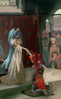 2boys aqua_eyes aqua_hair armor banner blue_eyes blue_hair brother_and_sister ch-eesecake chainmail dress drill_hair fine_art_parody hatsune_miku highres holding holding_sheath holding_sword holding_weapon hosen_(clothing) kagamine_len kagamine_rin kaito_(vocaloid) kasane_teto kasane_teto_(utau) kite_shield kneeling knight knight_(ragnarok_online) knighting long_dress long_sword medieval megurine_luka multiple_boys multiple_girls parody pillow pink_hair plate_armor queen red_trim sheath siblings surcoat sword the_accolade throne tree twin_drills twins twintails unsheathed utau vocaloid weapon