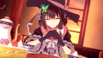 1girl absurdres alternate_costume alternate_hair_ornament alternate_headwear black_gloves black_hat black_veil bow bowtie brown_hair butterfly_hair_ornament cake cake_slice chinese_commentary closed_eyes closed_mouth clothing_request commentary cup dress dusk food frilled_veil gloves hair_bow hair_ornament hair_ribbon hat hat_bow headdress highres koikatsu_(medium) owl_(theodora_grayantelope) own_hands_together pink_bow pink_scarf plate purple_bow purple_bowtie red_ribbon ribbon scarf short_hair short_sleeves smile solo table teacup teapot touhou usami_renko veil white_bow white_headdress wide_brim wide_sleeves window