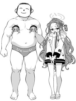 1boy 1girl bare_legs barefoot blue_archive bow braid buta_(dhakaoat) censored censored_nipples character_censor collarbone commentary_request doodle_sensei_(blue_archive) fat fat_man forehead full_body furrowed_brow greyscale hair_bow halo height_difference highres hood hood_down hooded_jacket jacket koharu_(blue_archive) long_hair long_sleeves male_swimwear millennium_science_school_logo monochrome navel nervous_sweating novelty_censor one_side_up open_mouth own_hands_together power_symbol sandals sensei_(blue_archive) simple_background single_braid slides smile standing sweat topless_male v_arms very_long_hair white_background yuzu_(blue_archive)