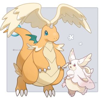 audino claws closed_mouth colored_skin dragon dragonite feathered_wings flying full_body gen_1_pokemon gen_5_pokemon green_eyes happy head_wings highres horns looking_at_viewer mega_audino mega_dragonite mega_pokemon muru_zatta nintendo no_humans open_mouth pink_eyes pokemon pokemon_(creature) pokemon_focus red_eyes simple_background single_horn smile tail wings