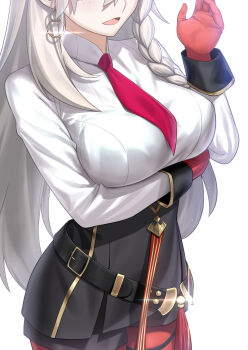 1girl besmiled braid breast_focus breasts close-up commentary earrings english_commentary eyes_out_of_frame fate/grand_order fate_(series) gloves head_out_of_frame highres jewelry long_hair long_sleeves lower_body necktie olga_marie_animusphere olga_marie_animusphere_(unbeast) open_mouth orange_gloves orange_pantyhose pantyhose red_necktie ribbon shirt smile solo very_long_hair white_hair white_shirt