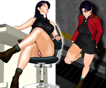 1girl black_dress boots breasts chair closed_eyes crossed_legs curvy dress earrings jacket jewelry katsuragi_misato kill_the_king large_breasts long_hair mature_female panties pantyshot pink_panties plump purple_hair sitting thick_thighs thighs underwear