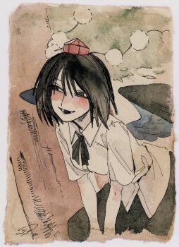 1girl :d arm_support artist_name black_bow black_bowtie black_eyeshadow black_hair black_mouth black_ribbon black_skirt black_wings blush bob_cut border bow bowtie breasts brown_background commentary commission eyeshadow feathered_wings hair_between_eyes hat highres in_tree kz_m_i leaning_forward looking_afar looking_to_the_side lower_teeth_only makeup medium_breasts narrowed_eyes neck_ribbon nose_blush open_mouth own_hands_together painting_(medium) paper_texture parted_lips pom_pom_(clothes) red_hat ribbon shameimaru_aya shirt short_hair short_sleeves signature skirt smile solo spread_wings teeth tokin_hat touhou traditional_media tree v_arms watercolor_(medium) white_border white_shirt wings