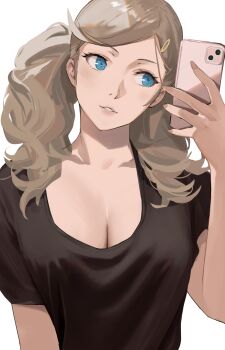 1girl absurdres black_shirt blonde_hair blue_eyes breasts cleavage female_focus hair_ornament highres j@ck large_breasts lips persona persona_5 selfie shirt simple_background smile solo takamaki_anne twintails upper_body white_background