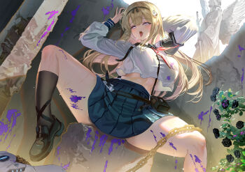 Rule 34 | 1girl, a999212, absurdres, ahegao, angel statue, armband, arms behind head, black armband, black flower, black hairband, black rose, black sailor collar, black shoes, black socks, blonde hair, blouse, blue skirt, blush, breasts, chain, chaos zero nightmare, crop top, crop top overhang, flower, gold chain, hair ornament, hairband, half-closed eyes, haru (chaos zero nightmare), highres, large breasts, leather belt, long hair, midriff, neckerchief, open mouth, paint on body, paint on clothes, paint splatter, panda hair ornament, pink eyes, pleated skirt, red neckerchief, rose, sailor collar, shirt, shoes, sidelocks, sitting, skirt, socks, solo, spread legs, sweat, tears, thick thighs, thighs, tongue, tongue out, white shirt