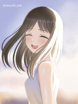 Rule 34 | 1girl, :d, absurdres, azumanga daiou, backlighting, bare shoulders, blue sky, blush, breasts, brown hair, casual, closed eyes, cloud, commentary, dress, dusk, facing viewer, floating hair, from side, gradient sky, highres, kasuga ayumu, light blush, loose hair strand, medium hair, naoyuki arts, open mouth, orange sky, outdoors, round teeth, sky, small breasts, smile, solo, standing, star (sky), sundress, teeth, upper body, upper teeth only, white dress, wind