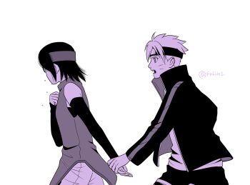 Rule 34 | 1boy, 1girl, boruto: naruto next generations, commentary request, detached sleeves, facial mark, forehead protector, glasses, hand on own chest, headband, highres, holding hands, jacket, limited palette, matsu (fu6ide2), naruto (series), shorts, sweat, uchiha sarada, uzumaki boruto, whisker markings