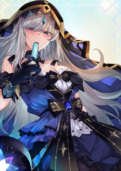 1girl adina_savic bare_shoulders black_bow black_gloves black_survival blue_eyes blush border bow breasts cleavage collarbone commentary commission crystal_ball detached_collar dress dress_bow eternal_return:_black_survival food gem gloves gold_trim gradient_background grey_hair haagyu hair_between_eyes hair_ornament hand_on_own_hip hand_up highres holding holding_food holding_popsicle long_hair looking_at_viewer medium_breasts melting_popsicle open_mouth pixiv_commission popsicle purple_dress purple_gemstone purple_veil sleeveless sleeveless_dress solo standing star_(symbol) sweatdrop veil very_long_hair