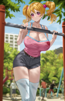 1girl aged_up bare_shoulders belt blonde_hair breasts brown_belt cleavage commentary_request covered_erect_nipples fresh_precure! fuooooo grey_shorts highres large_breasts momozono_love outdoors pink_tank_top playground precure red_eyes shirt short_shorts shorts smile tank_top taut_clothes taut_shirt thighhighs twintails two-tone_tank_top