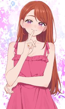 Rule 34 | 1girl, absurdres, asymmetrical bangs, brown hair, closed mouth, commentary, dress, earrings, finger to mouth, half-closed eyes, highres, hijiri ageha, hirogaru sky! precure, jewelry, light blush, long hair, looking at viewer, nagisa (omiwatari no ya), pink dress, precure, purple background, purple eyes, ring, sleeveless, sleeveless dress, smile, solo, spaghetti strap, stud earrings, upper body