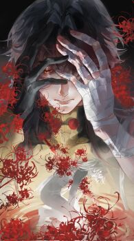 1boy bandaged_hand bandages black_hair blade_(honkai:_star_rail) corrupted_twitter_file flower gloves glowing gradient_hair hands_on_own_face hashtag-only_commentary hgq5277 highres honkai:_star_rail honkai_(series) long_hair looking_down male_focus multicolored_hair parted_bangs red_eyes single_glove spider_lily turtleneck