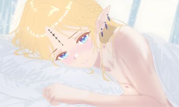 1girl afterglow aftersex blonde_hair blue_eyes blush braid breasts cartethyia_(wuthering_waves) closed_mouth collarbone commentary_request curtains earrings embarrassed facial_mark forehead_mark furrowed_brow half_up_braid head_on_pillow hickey highres indoors jewelry light_frown light_particles looking_at_viewer lying middle_part morning multiple_earrings nanaya_gb nose_blush nude on_bed on_side parted_bangs pillow pointy_ears portrait pov pov_across_bed small_breasts solo tacet_mark_(wuthering_waves) window wuthering_waves