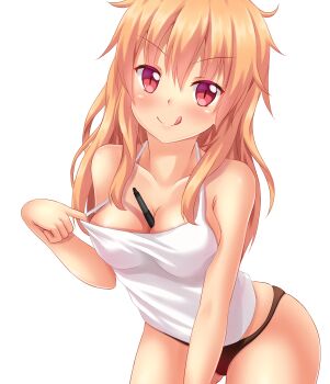 1girl :q artist_self-insert between_breasts blonde_hair breasts brown_panties cleavage clothes_pull cowboy_shot downblouse female_focus highres leaning_forward light_brown_hair long_hair naughty_face no_pants nottytiffy original panties pen red_eyes self-portrait shirt_pull simple_background smile solo tank_top tiffy_(nottytiffy) tongue tongue_out underwear v-shaped_eyebrows white_background