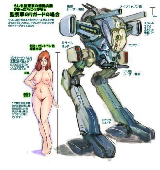 1girl alternate_universe barefoot blueprint_(object) breasts brown_hair choujikuu_yousai_macross completely_nude crossover earrings female_focus female_pubic_hair full_body gradient_background hand_on_own_hip hayase_misa height_comparison highres jewelry large_breasts long_hair macross mecha navel non-humanoid_robot nude outline partially_translated pubic_hair robot simple_background solo standing translation_request ukatsu_juuzou walker_(robot) white_background