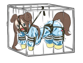 Rule 34 | 1girl, all fours, amputee, anal beads, anal tail, bdsm, bitchsuit, blush, brown hair, butt plug, cage, collar, donut hair bun, double bun, eudetenis, fake tail, female focus, forced orgasm, full body, gag, hair bun, highres, leash, long hair, looking at viewer, nate (pokemon), nintendo, panel gag, pet play, pokemon, pokemon bw2, quadruple amputee, remote control vibrator, restrained, sex toy, simple background, tagme, tail, twintails, vibrator, white background