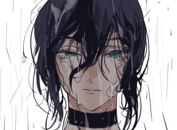 1girl black_choker black_hair busuttt chainsaw_man choker close-up closed_mouth green_eyes hair_between_eyes highres looking_at_viewer rain reze_(chainsaw_man) solo wet wet_hair white_background