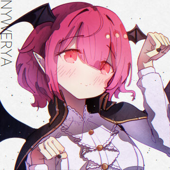 1girl absurdres alternate_costume alternate_hair_length alternate_hairstyle arm_up artist_name bat_wings black_cape black_nails black_wings blush breasts buttons cape commentary_request dot_nose eyes_visible_through_hair frilled_shirt frills hair_between_eyes head_wings highres koakuma koakuma_(compendium_of_advanced_magic) medium_breasts nail_polish nywerya pointy_ears red_eyes red_hair shirt short_hair simple_background solo split_mouth touhou touhou_lostword upper_body white_background white_shirt wings