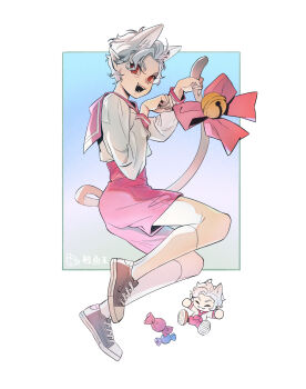 Rule 34 | 1boy, absurdres, animal ears, animification, astarion, baldur's gate, baldur's gate 3, cat boy, cat ears, cat tail, character doll, chinese commentary, doll, dungeons & dragons, dungeons &amp; dragons, elf, fangs, full body, highres, jingyu wang, kneehighs, long sleeves, pale skin, paw pose, pink shorts, pointy ears, procreate (medium), red eyes, sailor collar, shoes, short hair, shorts, sneakers, socks, solo, tail, trap, white hair