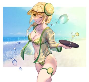 Rule 34 | 1girl, beach, bikini, blonde hair, border, braid, braided ponytail, breasts, chinese commentary, collarbone, commentary, cup, day, dot nose, drinking glass, food, food-themed hair ornament, food print, fruit, fruit print, green bikini, hair ornament, highres, holding, holding plate, hongcai rainbow, large breasts, lemon, lemon hair ornament, lemon print, long hair, low-tied long hair, navel, one eye closed, original, outdoors, outside border, plate, smile, solo, sparkle, standing, swimsuit, teeth, visor cap, white border, yellow eyes, yellow pupils