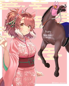 1girl 2026 418tiger absurdres ahoge animal_ears blush bow breasts brown_eyes brown_hair checkered_ribbon closed_mouth commentary_request creature_and_personification dantsu_flame_(racehorse) dantsu_flame_(umamusume) ear_covers ear_ribbon floral_print floral_print_kimono hair_between_eyes hairband happy_new_year highres horse horse_ears horse_girl horse_tail japanese_clothes kimono looking_at_viewer mask multicolored_hair new_year obi open_mouth personification pink_hairband pink_kimono print_kimono real_life reins sash smile tail umamusume white_hair