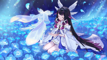 1girl bare_shoulders black_hair blue_dress breasts closed_eyes colored_inner_hair columbina_(genshin_impact) commentary_request dress eye_mask field flower flower_field genshin_impact guest_art hair_ornament long_hair long_sleeves luonnotar_(genshin_impact) mask medium_breasts multicolored_hair red_hair shirabi sidelocks smile two-tone_dress white_dress white_mask wide_sleeves wing_hair_ornament
