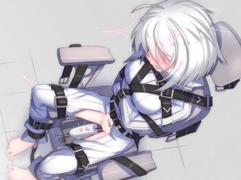 1girl arms_under_breasts barcode barcode_tattoo barefoot bdsm belt belt_buckle bound bound_arms bound_legs breasts buckle chair highres large_variant_set looking_down medium_breasts menou_74 original restrained sex_machine short_hair sounding stationary_restraints straitjacket tattoo textless_version urethral_insertion variant_set white_hair