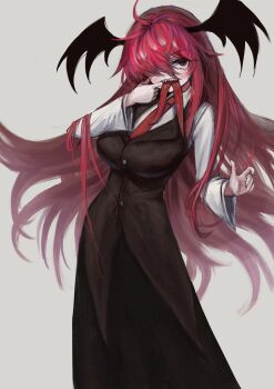 1girl absurdres bat_wings black_skirt black_vest collared_shirt double_tongue feet_out_of_frame finger_in_own_mouth hair_over_one_eye head_wings highres koakuma koishi_komeiji&#039;s_heart-throbbing_adventure long_hair long_sleeves long_tongue looking_at_viewer multiple_tongues necktie open_mouth red_eyes red_hair red_necktie ropeperson sharp_teeth shirt skirt solo teeth tongue tongue_out touhou upper_teeth_only vest white_shirt wings