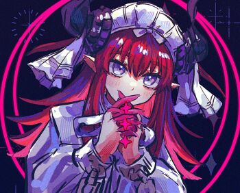 1girl blue_eyes blush colored_extremities dragon_girl dragon_horns elizabeth_bathory_(avenger)_(fate) fate/grand_order fate_(series) horns interlocked_fingers lolita_fashion long_hair orizu_lm own_hands_together pointy_ears praying purple_background red_hair solo two_side_up upper_body veil white_headdress white_veil
