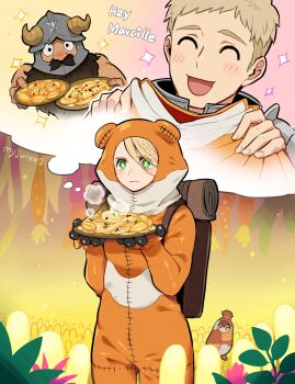 1boy 1girl ^_^ animal_costume armor backpack bag beard black_hair blonde_hair blush braid braided_bangs brown_hair chilchuck_tims closed_eyes covered_mouth cowboy_shot dungeon_meshi dwarf english_text facial_hair facing_viewer fake_horns field food frog_costume giving gradient_background green_eyes grey_hair hair_between_eyes halfling hands_up helmet highres holding holding_plate horned_helmet horns imagining korean_commentary laios_touden long_beard long_hair looking_ahead marcille_donato mustache noodles official_alternate_costume patchwork_clothes pelt plate plate_armor senshi_(dungeon_meshi) short_hair solo_focus speech_bubble standing steam tentacles thought_bubble twitter_username wooni