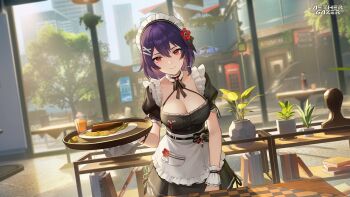 1girl aether_gazer apron artist_request black_bow black_dress black_ribbon blurry blurry_background bow breasts building buttons character_request cleavage closed_mouth copyright_name cup dress flower food frilled_ribbon frills fruit hair_ornament highres holding holding_tray lime_(fruit) lime_slice maid_headdress neck_ribbon official_art phone_booth plant potted_plant purple_hair red_eyes red_flower ribbon second-party_source smile table tray tree waitress white_apron