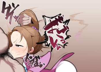 1boy 1girl absurdres ace_attorney arched_back ass azarashi_(kkuh3353) black_eyes blush brown_hair censored deepthroat dress fellatio from_side grabbing_another&#039;s_hair half-closed_eyes hetero highres holding_another&#039;s_hair huge_filesize irrumatio japanese_clothes japanese_text kimono large_penis loli oral pearl_fey penis penis_addicted profile purple_dress sex smell smelling smelling_penis solo_focus