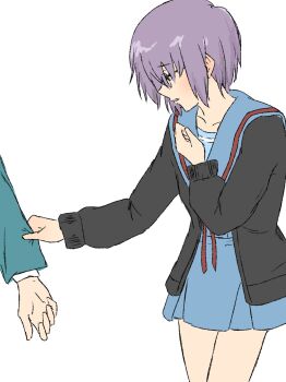 1boy 1girl black_cardigan blue_sailor_collar blue_skirt cardigan clothes_pull collarbone cowboy_shot from_side glasses hand_up highres kita_high_school_uniform long_sleeves nagato_yuki open_cardigan open_clothes purple_hair red_ribbon ribbon sailor_collar school_emblem school_uniform serafuku short_hair shy skirt suzumiya_haruhi_no_shoushitsu suzumiya_haruhi_no_yuuutsu waka_849 winter_uniform yellow_eyes