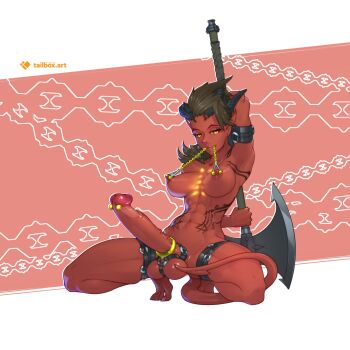 abs anklet artist_name axe baldur's_gate baldur's_gate_3 black_hair breasts broken_horn chain cock_ring colored_skin demon_girl demon_horns demon_tail dungeons_&amp;_dragons dungeons_&amp;_dragons erection full_body futanari glowing_heart gold_anklet highres holding holding_axe horn_ornament horn_ring horns huge_penis jewelry karlach large_breasts medium_hair nipple_chain nipple_piercing nipples penis piercing red_skin sex_toy short_hair stomach_tattoo tail tail_ornament tail_ring tailbox tattoo testicles tiefling toned white_hair yellow_eyes