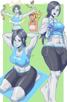 2girls abs absurdres armpits arms_behind_head arms_up black_hair blue_eyes blush breasts brown_hair capri_pants colored_skin commentary crop_top dedhed_art english_commentary grey_eyes grey_hair highres large_breasts long_hair looking_at_viewer midriff multiple_girls muscular muscular_female navel nintendo open_mouth pants ponytail smile tank_top white_skin wii_fit wii_fit_trainer wii_fit_trainer_(female)