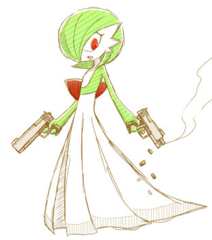 bad_id bad_pixiv_id bob_cut colored_skin dress dual_wielding gardevoir gen_3_pokemon green_hair green_skin gun hair_over_one_eye handgun holding holding_gun holding_weapon magnet_(pixiv_2956395) multicolored_skin nintendo pokemon pokemon_(creature) red_eyes shell_casing simple_background sketch smoke smoking_barrel two-tone_skin weapon white_background white_dress white_skin