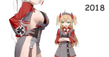 2018 2girls :o admiral_hipper_(azur_lane) ahoge armband armpit_cutout azur_lane blonde_hair breast_envy breasts buttons clothing_cutout commentary cowboy_shot cropped_jacket cross crossed_arms dated double-breasted dress english_commentary eyes_out_of_frame frown gloves green_eyes grey_dress grey_gloves grey_jacket hair_between_eyes hands_on_own_hips hat head_out_of_frame headgear highres iron_cross jacket large_breasts long_hair long_sleeves military_uniform mole mole_on_breast multicolored_hair multicolored_jacket multiple_girls open_mouth parted_lips prinz_eugen_(azur_lane) prinz_eugen_(between_tipsiness_and_a_wager)_(azur_lane) red_armband red_hair red_jacket sideboob sleeves_rolled_up standing streaked_hair two-tone_jacket two_side_up white_background white_hair whitter