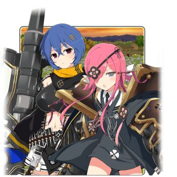 2girls :o amane_(senran_kagura) architecture armor bandolier belt belt_buckle black_jacket black_necktie blue_eyes blue_flower blue_hair blush bow breasts buckle building city cityscape cloud day east_asian_architecture emblem evening eyepatch field flat_chest flower flower_field forest grass gun hair_ornament hair_over_one_eye hairpin hand_in_pocket huge_weapon jacket japanese_armor kazakiri_(senran_kagura) large_breasts leather leather_jacket looking_at_viewer low_twintails midriff mountain mountainous_horizon multiple_girls multiple_hairpins nature navel necktie official_art open_mouth orange_sky outdoors pink_hair power_claw red_eyes scarf school_uniform senran_kagura senran_kagura_new_link shiny_skin shirt short_hair short_shorts short_twintails shorts shoulder_armor skirt sky skyline skyscraper sode standing suspenders tassel tongue tree twintails weapon white_shirt yaegashi_nan