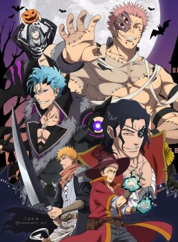 6+boys armor artist_name axe bat_(animal) belt belt_pouch black_flash_(jujutsu_kaisen) black_hair bleach blue_eyes blue_hair bone_print broken_mask brown_eyes castle clenched_hand collarbone colored_skin cosplay crossover epaulettes evil_smile extra_arms extra_eyes eyepatch facial_mark frankenstein's_monster frankenstein's_monster_(cosplay) full_moon ginjou_kuugo grimmjow_jaegerjaquez halloween halloween_costume hat highres holding holding_axe holding_pumpkin holding_sword holding_weapon hood hoodie itadori_yuuji jack-o'-lantern jacket jewelry jujutsu_kaisen kurosaki_ichigo mahito_(jujutsu_kaisen) mask mask_on_head moon multicolored_hair multicolored_skin multiple_boys necklace neverwho_art orange_hair pink_hair pirate_costume pouch pumpkin red_eyes ryoumen_sukuna_(jujutsu_kaisen) scar scar_on_face scarf screw screw_in_body shoulder_armor skull_mask smile stitches sword torn_clothes torn_jacket torn_scarf undercut v-shaped_eyebrows weapon wizard_hat zangetsu_(shikai)