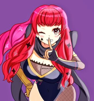 1girl black_scarf blush_stickers bodystocking breasts cleavage covered_navel facial_mark finger_to_mouth fire_emblem fire_emblem_engage fire_emblem_heroes fishnet_bodystocking fishnet_thighhighs fishnets fuburon_84 grin hair_ornament holding holding_shuriken holding_weapon japanese_clothes large_breasts long_hair ninja nintendo official_alternate_costume red_eyes red_hair scarf shuriken shuriken_hair_ornament shushing smile solo star_(symbol) star_facial_mark star_hair_ornament thighhighs weapon yunaka_(fire_emblem) yunaka_(stealthy_imitator)_(fire_emblem)