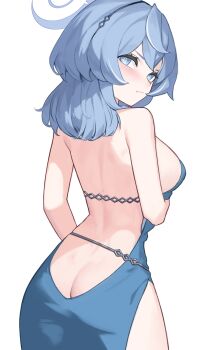 1girl absurdres ako_(blue_archive) ako_(dress)_(blue_archive) backless_dress backless_outfit bare_shoulders blue_archive blue_dress blue_eyes blue_hair blue_halo blush breasts cuffs dress hair_between_eyes halo highres jewelry large_breasts long_hair looking_at_viewer mah_si_log official_alternate_costume sideboob simple_background sleeveless sleeveless_dress solo