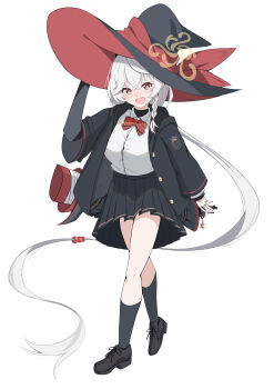 1girl absurdres black_robe black_shoes black_skirt black_socks blue_archive bow braid breasts buttons collared_shirt eri_(blue_archive) full_body gt5e6z hair_between_eyes hat highres jewelry large_breasts long_hair long_sleeves looking_at_viewer low-tied_long_hair open_mouth orange_eyes pleated_skirt red_bow ring robe shirt shoes side_braid simple_background skirt smile socks solo striped_bow vertical-striped_bow very_long_hair white_background white_hair white_shirt witch_hat
