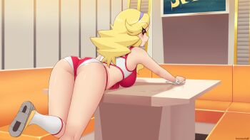 1girl artist_name ass ass_cutout bare_shoulders bent_over blonde_hair blue_hairband blush boobies_uniform breasts cloth clothing_cutout curvy diner eyes_visible_through_hair female_focus from_behind front-tie_top hairband heart_cutout hip_focus honey_(space_dandy) indoors kuroonehalf large_breasts leg_up long_hair red_eyes short_shorts shorts smile solo space_dandy table thick_thighs thighs washing wide_hips wrist_cuffs