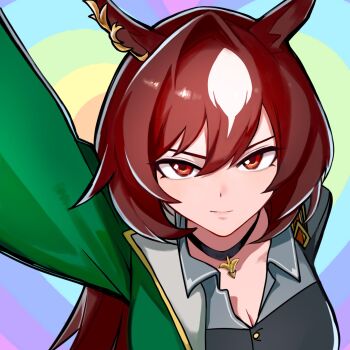 Rule 34 | 1girl, animal ears, black choker, breasts, brown hair, choker, cleavage, closed mouth, collared jacket, ear ornament, green jacket, hair between eyes, highres, horse ears, horse girl, jacket, large breasts, long hair, long sleeves, looking at viewer, multicolored hair, pendant choker, rainbow background, red eyes, shiotansushi, sirius symboli (umamusume), solo, streaked hair, umamusume, upper body, v-shaped eyebrows, very long hair, white hair