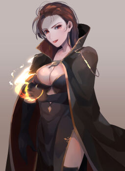 1girl aida_(fire_emblem) breasts cleavage collared_cloak dress earrings elbow_gloves fire fire_emblem fire_emblem:_genealogy_of_the_holy_war gloves gradient_background jewelry kabitakamaboko looking_at_viewer magic medium_hair nintendo parted_lips red_eyes red_hair red_lips side_slit simple_background solo